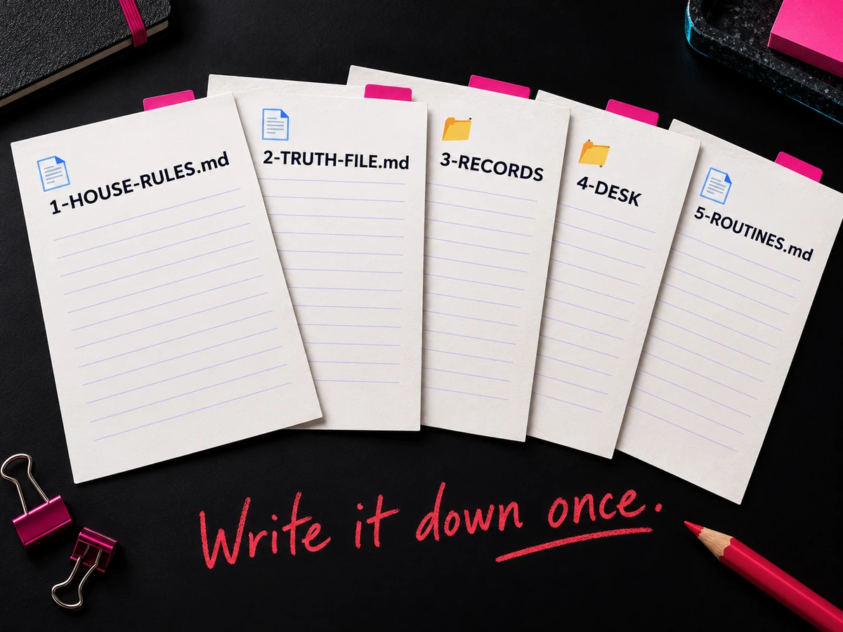 Five labeled starter-kit sheets on a desk, with a red note: Write it down once.