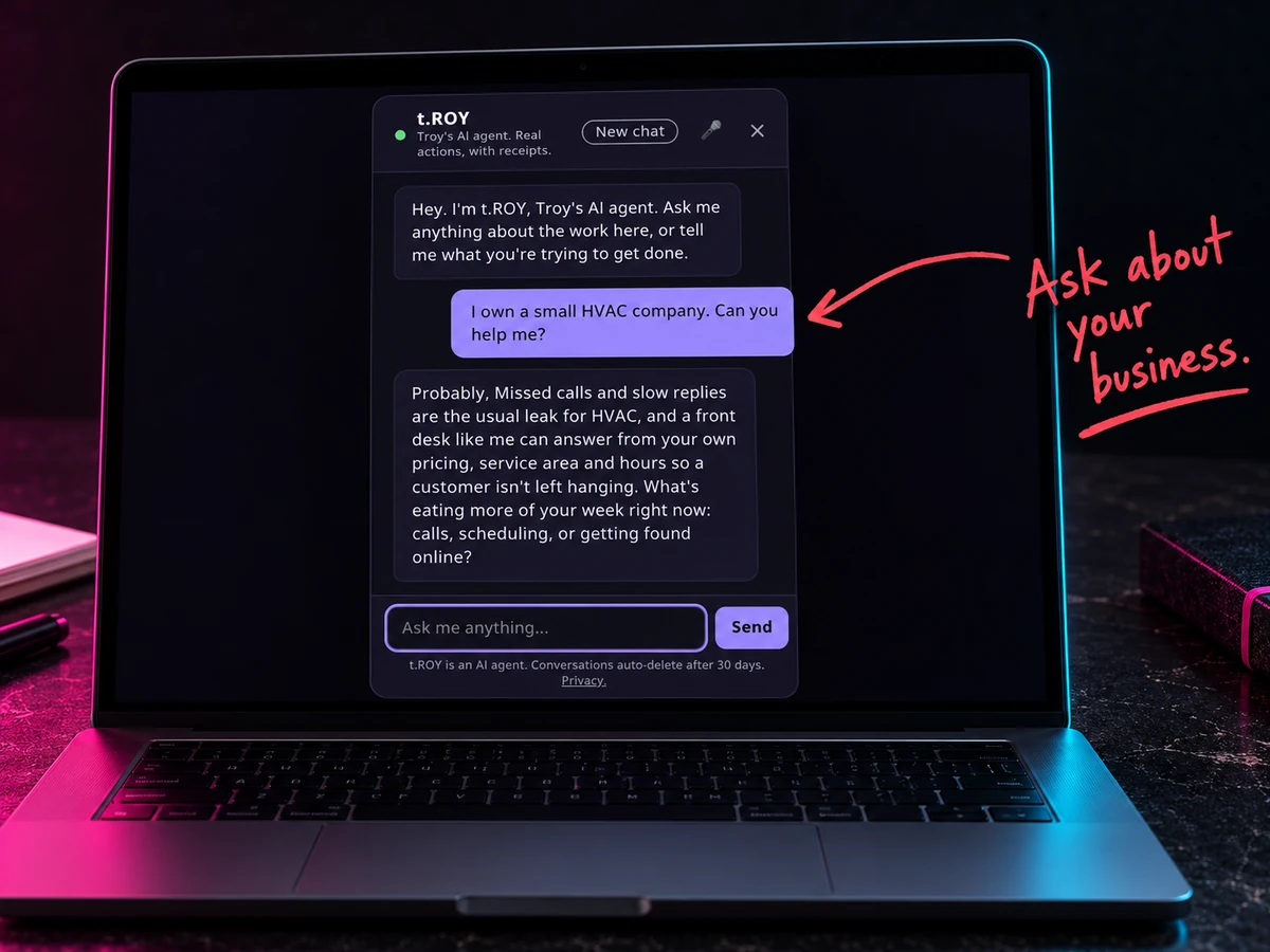A laptop showing t.ROY answering an HVAC owner, with a red note: Ask about your business.