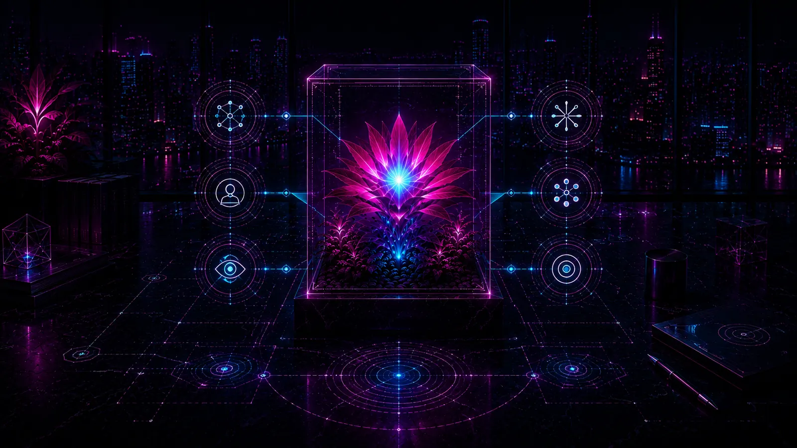 A glowing flower inside a clear case, ringed by small security symbols