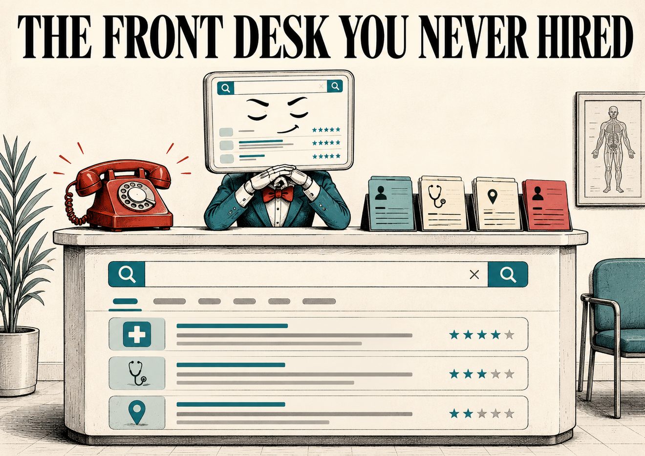 An editorial illustration titled THE FRONT DESK YOU NEVER HIRED. A receptionist whose head is a search-results screen sits behind a clinic counter wearing a bow tie, with a ringing red phone and a row of mismatched directory cards.