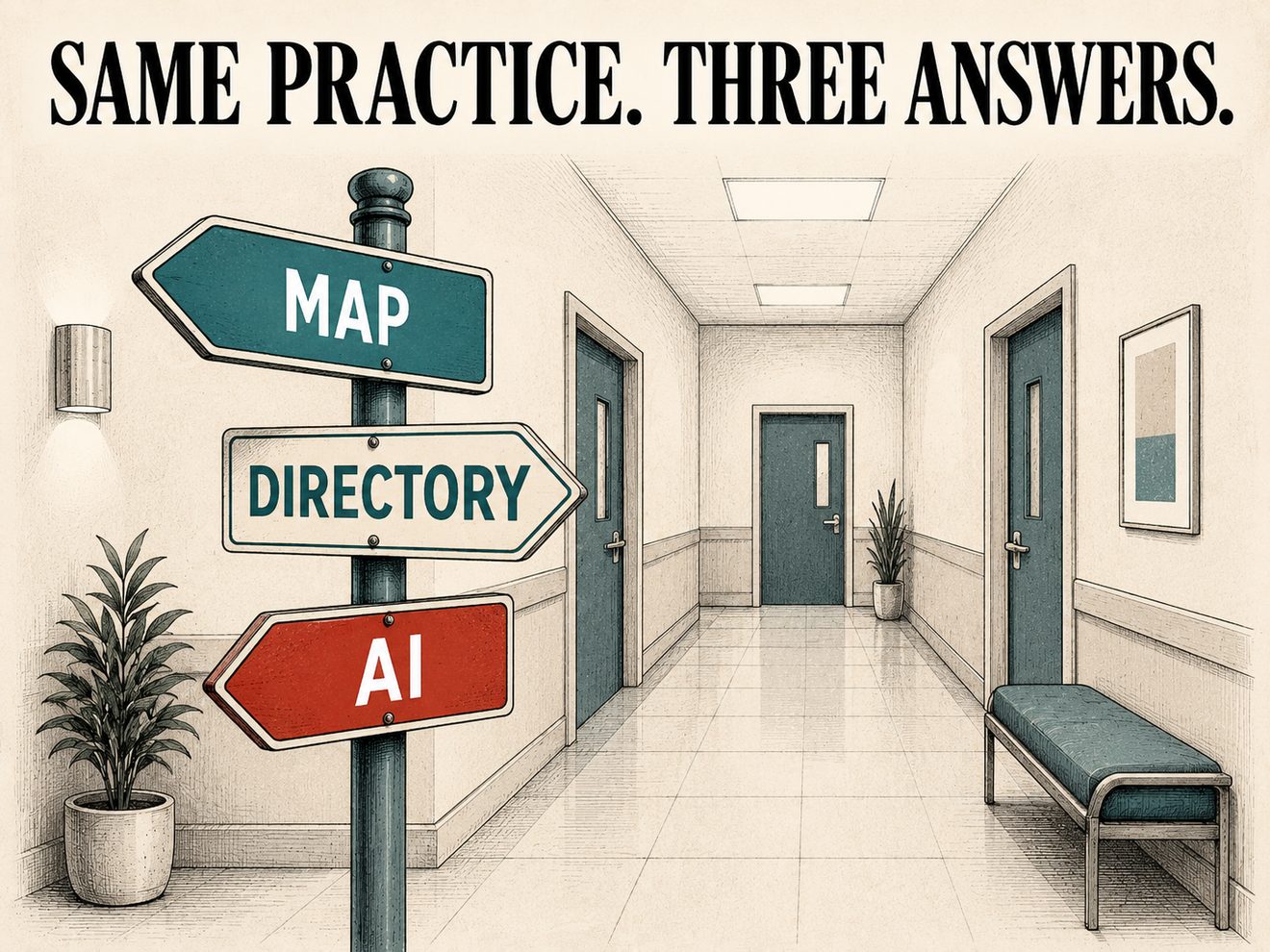 An editorial illustration titled SAME PRACTICE. THREE ANSWERS. Three wayfinding signs labeled MAP, DIRECTORY, and AI point to different doors along the same calm clinic hallway.