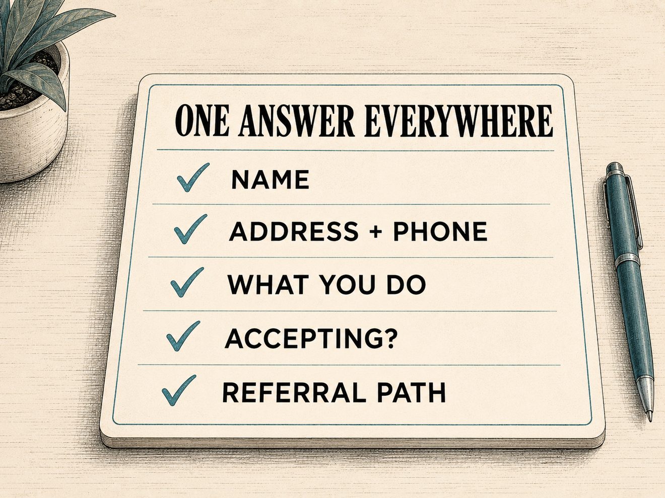 An editorial illustration titled ONE ANSWER EVERYWHERE. A checklist card on a clean desk shows five items in capitals with teal checkmarks: NAME, ADDRESS + PHONE, WHAT YOU DO, ACCEPTING?, REFERRAL PATH.